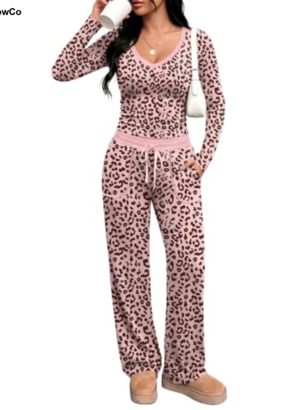 Women's 2 Piece Set Long Sleeve V Neck Top & Drawstring Pants Lounge